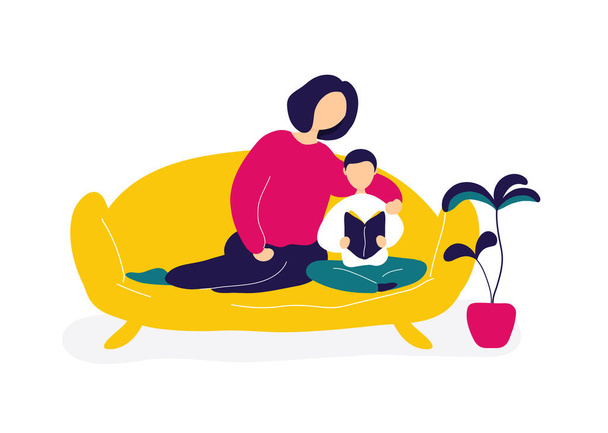 Mother reading book with son on sofa - Vector, Image