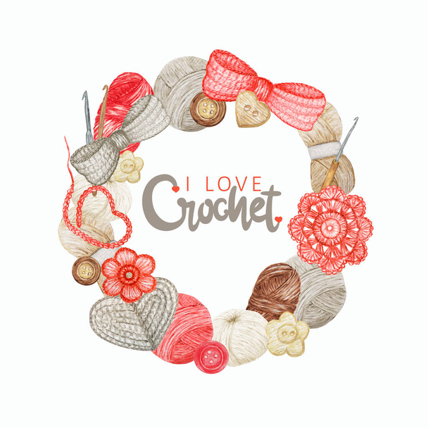 Rojo gris beige Crochet Shop Logotype marco redondo con frase de letras Me encanta ganchillo. Branding, Avatar composición de ganchos, hilados, corazón de ganchillo, arco, flores. Ilustración de acuarela
 - Foto, imagen