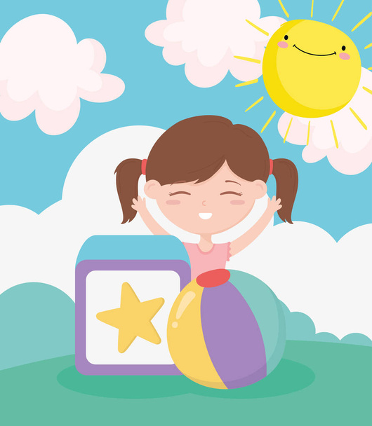 happy childrens day, little girl playing block and ball cartoon outdoors - Vector, Image