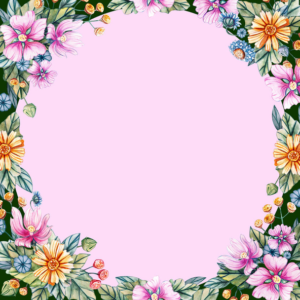 Floral square frame of watercolor wildflowers. - Photo, Image