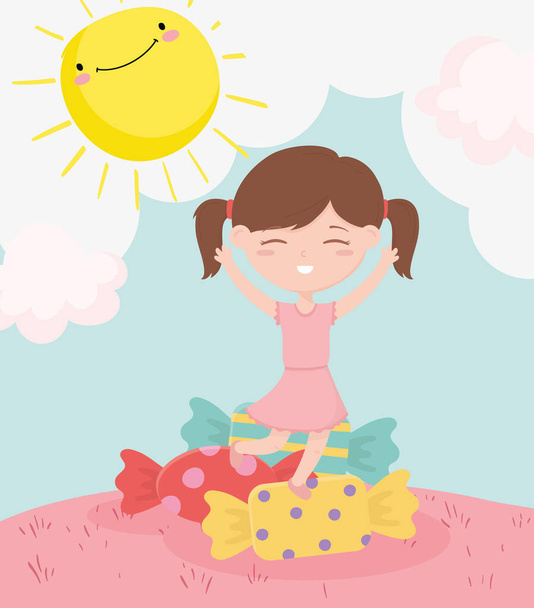 gelukkig kinderen dag, schattig klein meisje met zoete snoepjes cartoon - Vector, afbeelding