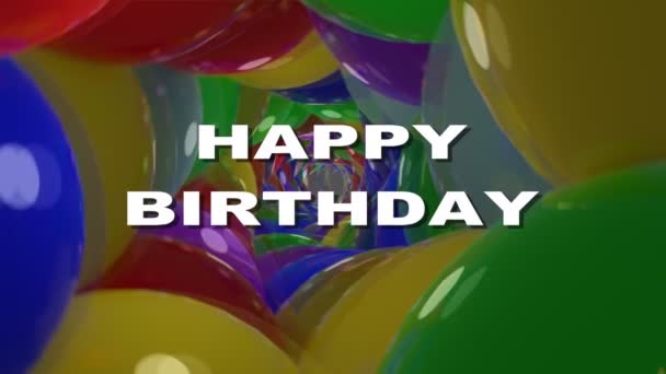 Happy birthday white lettering on tunnel background composed of shiny multicolored balls with reflections. Birthday party banner, anniversary greeting - Footage, Video