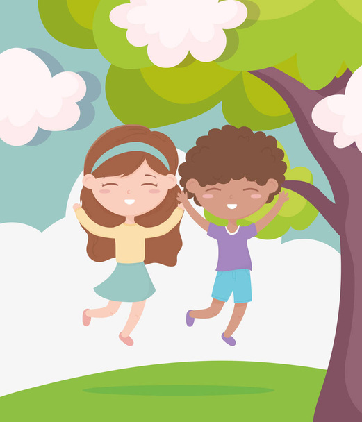 feliz dia das crianças, menino sorridente e menina comemorando ao ar livre
 - Vetor, Imagem