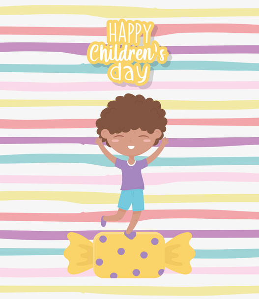 fröhlicher Kindertag, kleiner Junge im Bonbon-Cartoon - Vektor, Bild