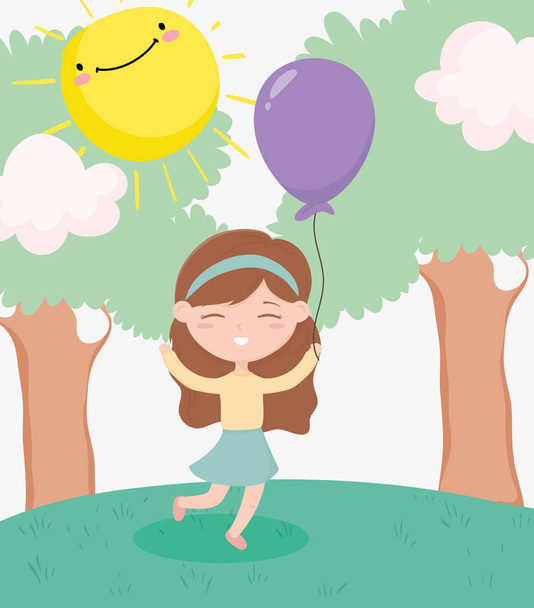 fröhlicher Kindertag, kleines Mädchen mit Ballon Feier Bäume Sonne Wolken Gras Karikatur - Vektor, Bild