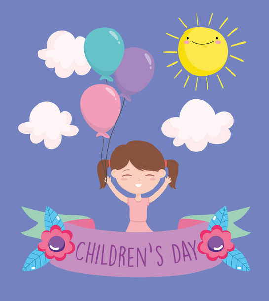 happy childrens day, little girl with balloons celebration party cartoon - Vektor, Bild