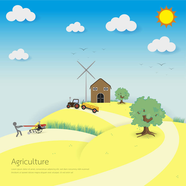 Zemědělství a zemědělství pozadí s vektorovou ilustrací větrného mlýna - Vektor, obrázek