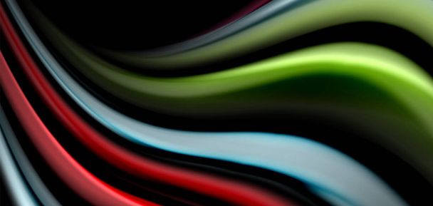 Linhas lisas de seda abstrata em preto, ondas de fluido líquido multicolorido estilo arco-íris em preto
 - Vetor, Imagem