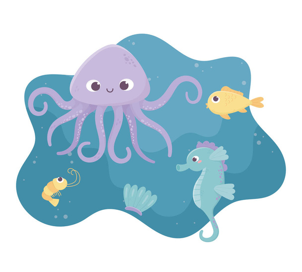 octopus seahorse fish shrimp and shell life cartoon under the sea - Vector, afbeelding