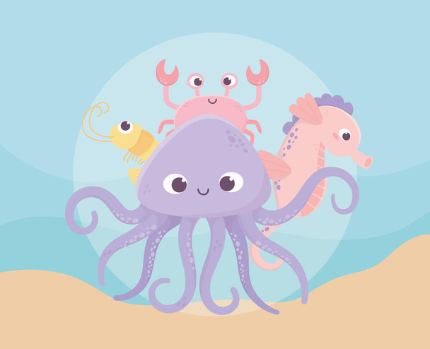 octopus seahorse crab and shrimp life cartoon under the sea - Vektor, obrázek
