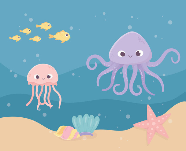 estrellas de mar pulpo medusas peces arena burbujas vida dibujos animados bajo el mar
 - Vector, imagen
