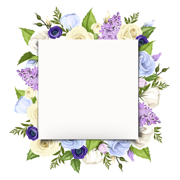 Vector white greeting card with blue, purple and white roses, lisianthuses, anemones, lilac flowers and green leaves. - Vector, imagen