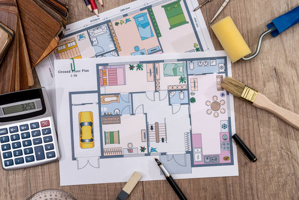 архитектурный дизайн дома с инструментами и цветами каталога мебели
 - Фото, изображение