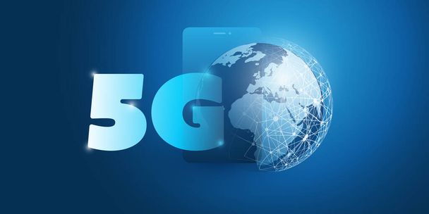 Smart Phone ve Earth Globe ile 5g Ağ Etiketi - Futuristik Yüksek Hız, Geniş bant Mobil Telekomünikasyon ve Kablosuz İnternet Tasarımı Konsepti - Vektör, Görsel