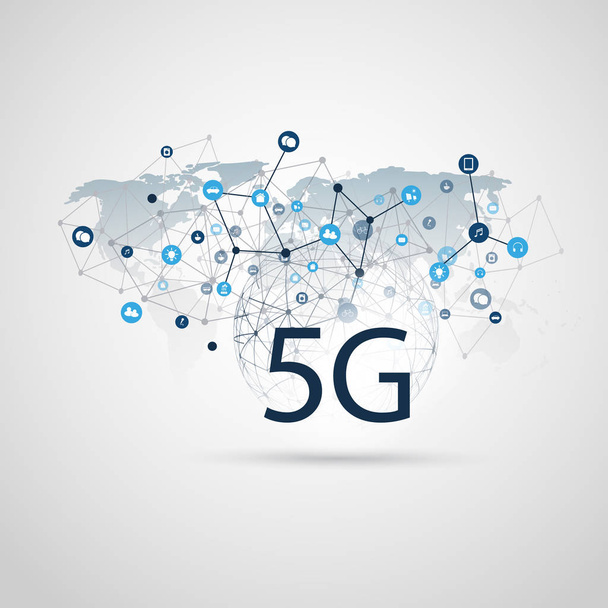 Etiqueta de red 5G con esfera Wireframe, iconos y mapa del mundo: concepto de alta velocidad, telecomunicaciones móviles de banda ancha y diseño inalámbrico de Internet
 - Vector, imagen