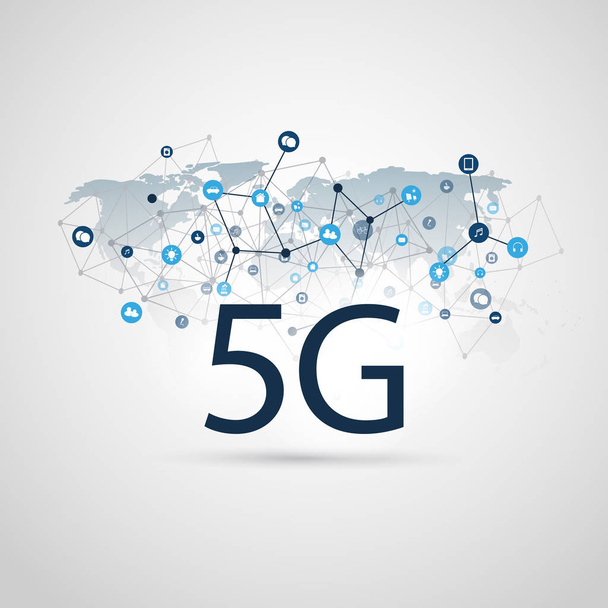 Etiqueta de rede 5G com malha de arame, ícones e mapa do mundo - Conceito de alta velocidade, telecomunicações móveis de banda larga e design de Internet sem fio
 - Vetor, Imagem