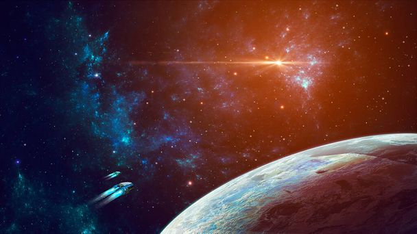 Ruimteachtergrond. Twee ruimteschip vliegen rond planeet met kleurrijke fractal nevel. Elementen geleverd door NASA. 3D-weergave - Foto, afbeelding