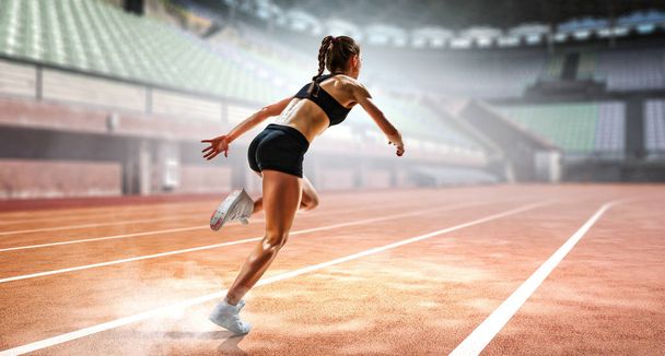Sportswoman running race. Mixed media - Photo, image