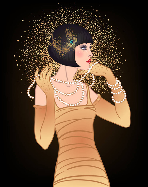 Art Deco vintage invitation template design with illustration of flapper girl. patterns and frames. Retro party background set 1920s style. Vector for glamour event - Διάνυσμα, εικόνα
