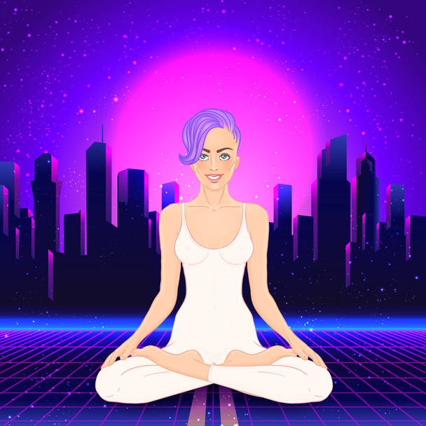 Yoga silhouette over colorful neon vibrant background. Vector illustration. Vintage composition. Indian, Buddhism, Spiritual motifs. Tattoo, yoga, spirituality. - ベクター画像