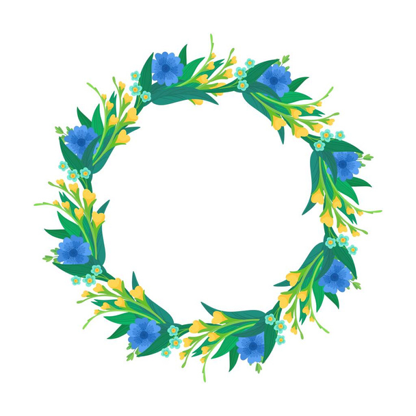 Florale runde leere Rahmen flache Vektorschablone. blaue und gelbe Wildblumen leeren Rand für Social-Media-Post, Grußkarten-Design. Kornblumen und Gänseblümchen Cartoon Dekor-Element - Vektor, Bild
