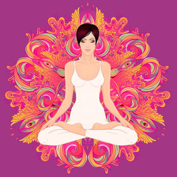 Beautiful Caucasian Brunette Girl sitting in Lotus pose with ornate mandala on background. Vector illustration. Spa consent, yoga studio. - ベクター画像