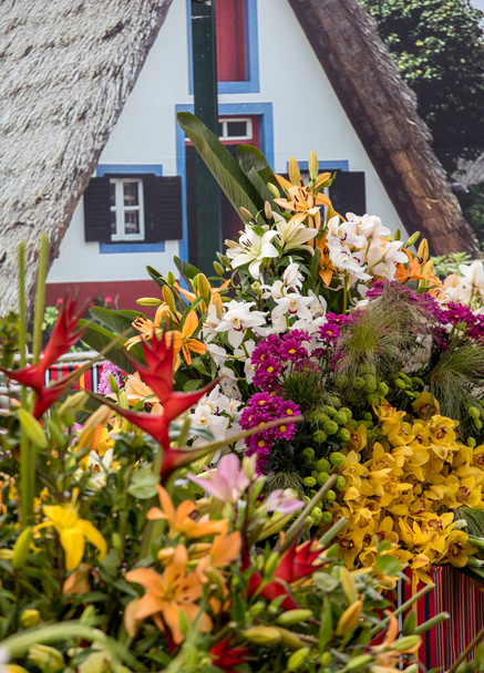 Μια σύνθεση λουλουδιών με τροπικά λουλούδια και ένα παραδοσιακό σπίτι από Santana στο παρασκήνιο. Μαδέρα, Πορτογαλία - Φωτογραφία, εικόνα