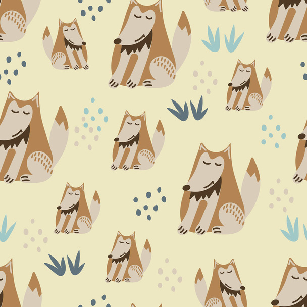 Seamless pattern. Cute wolf and doodle elements . A cartoon animal in the Scandinavian style. Hand-drawn vector illustration.. - Vektör, Görsel