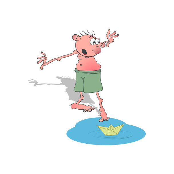 Kreskówkowy chłopiec w spodenkach próbuje wyciągnąć papierową łódkę z kałuży. Ilustracja wektora. - Wektor, obraz