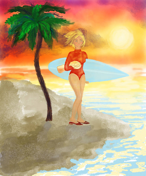 A hand drawn digital surfer girl at sunset near the ocean. Post card from endless summer paradise. Women's courage and power  - Foto, imagen