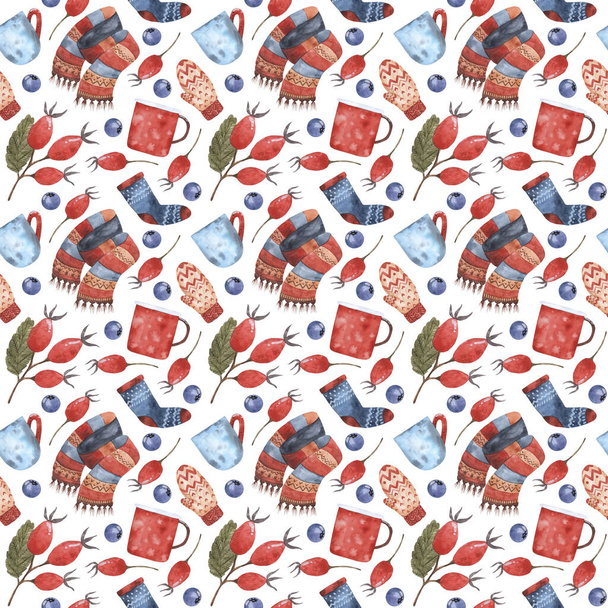 Cute cozy watercolor pattern for Christmas and New Year. Great for design of wrapping paper, cards, holiday design. - Foto, imagen
