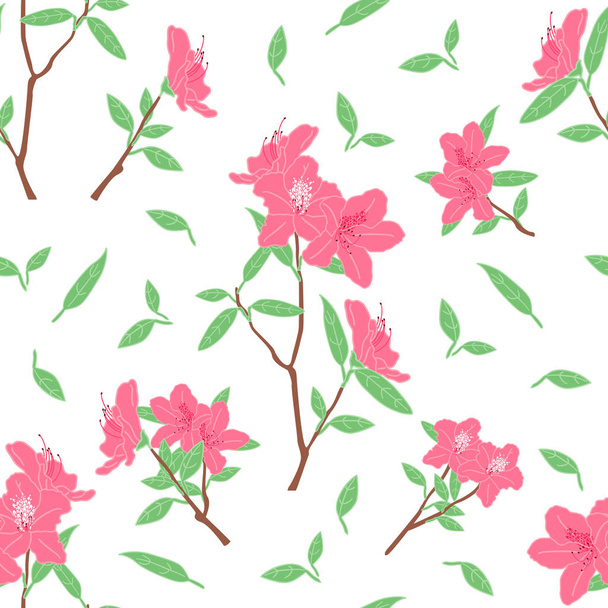 Krásné růžové azalky květiny nebo rododendron bezešvé vzor pozadí s větvemi a listy. Doodle jaro květinový vzor pozadí. Ideální pro tapety, textil, tkaniny, karty, obaly. - Vektor, obrázek