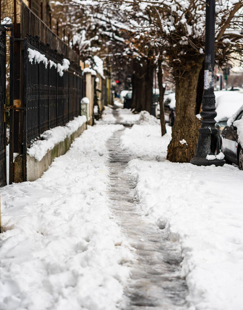 Path way made by people walking thru the snow in the morning. Pa - 写真・画像