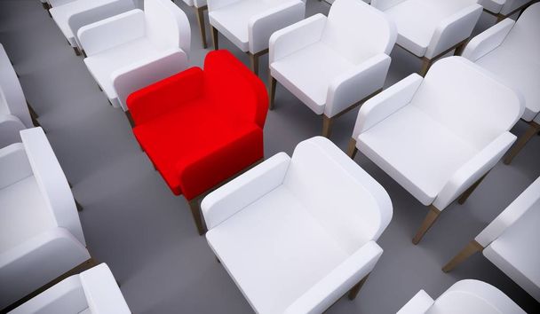 Concept or conceptual red armchair standing out in a  conference room as a metaphor for leadership, vision and strategy. A  3d illustration of individuality, creativity and achievement - Foto, Bild