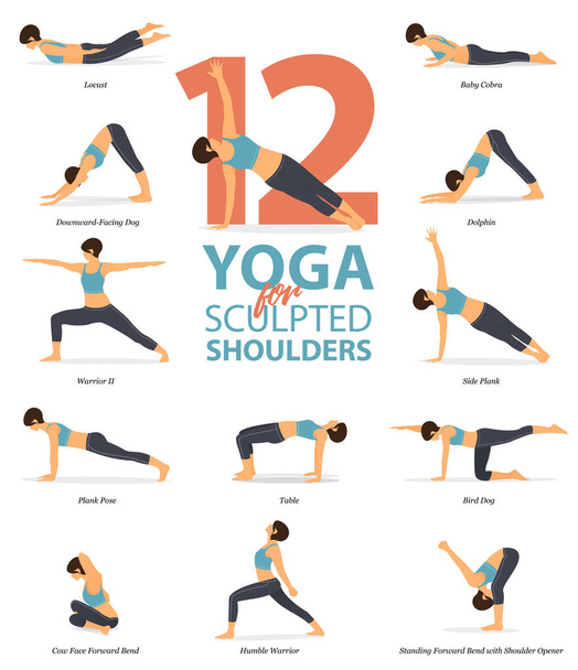 Infographic van 12 Yoga poses voor gebeeldhouwde schouders in plat design. Schoonheidsvrouw doet aan lichaamsrekoefeningen. Set van yoga sequentie Infographic. Cartoon Vector. - Vector, afbeelding