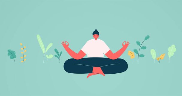 Girl in lotus position meditation. Concept of energy charge and relaxation, business solutions. - Vector, afbeelding