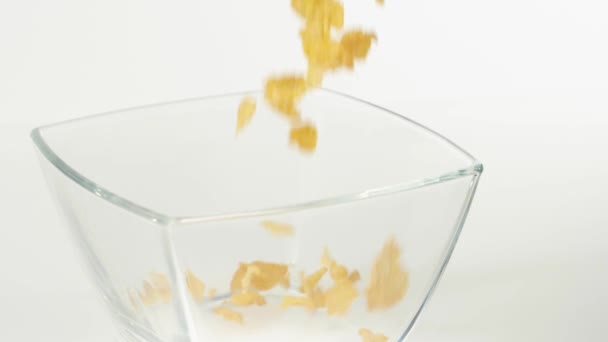 Vers gezond voedsel. Gele cornflakes vallen in een transparante vierkante schaal op een witte achtergrond. Het concept van een gezond ontbijt, schoon voedsel, dieet, detox, vegetarisch, veganistisch voedsel. Bovenaanzicht - Video