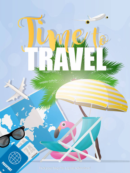 Time to travel. The banner is blue. World map, sun glasses, airplane thumbnail, beach deck chair and umbrella. An inflatable circle in the form of a pink flamingo. Vector illustration. - Vector, Image