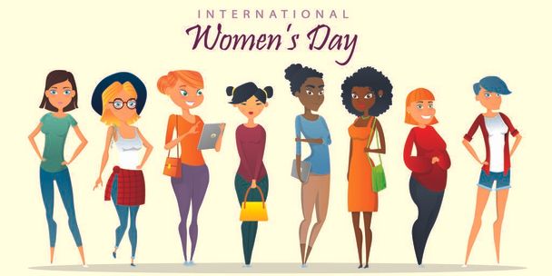 幸せな国際女性の日。違う美しさ様々な女性の頭の大きなセット。女性のアバター。様々な人種や国籍。手描きのカラーベクトルイラスト。様々な衣服やヘアカット - ベクター画像