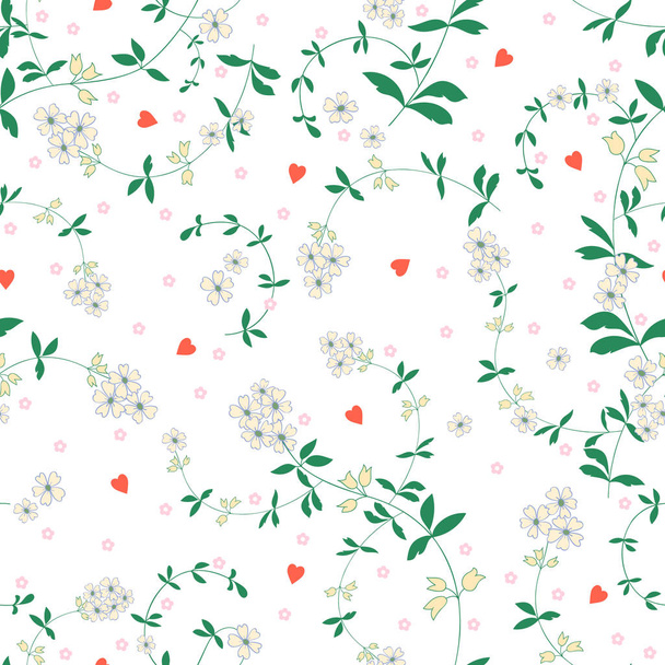 Безшовний вектор Квітковий візерунок з квітами та серцями для прикраси, друку, тканини
 - Вектор, зображення