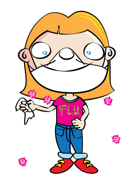 hauska söpö valkoinen tyttö flunssa naamio tauti ehkäisy sarjakuva
 - Vektori, kuva