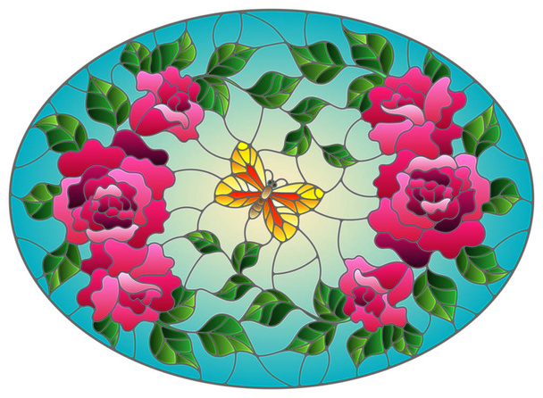 Illustration in stained glass style with pink flowers and leaves of  rose, and orange butterfly on a blue background, oval image - Vector, Image