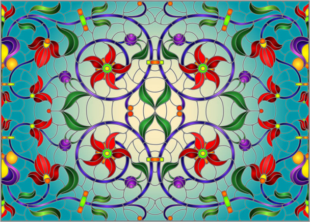 Kuvitus lasimaalauksia tyyliin abstrakteja pyörteitä, punaisia kukkia ja lehtiä keltaisella pohjalla, vaakasuora suuntautuminen
 - Vektori, kuva