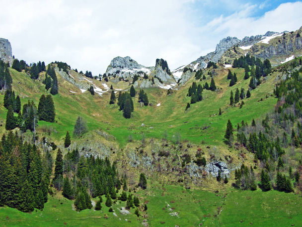 Vue de la chaîne Alpstein depuis la vallée de la Thur dans la région de Toggenburg, Wildhaus - Canton de Saint-Gall, Suisse
 - Photo, image