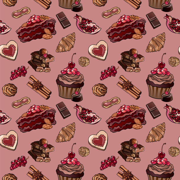 Cafe desserts seamless vector pattern. Cherry pie, cupcake, cinnamon, nuts, chocolate. Food illustration for gift wrapping, fashion textile print, wallpaper, menu design. - Vector, Image