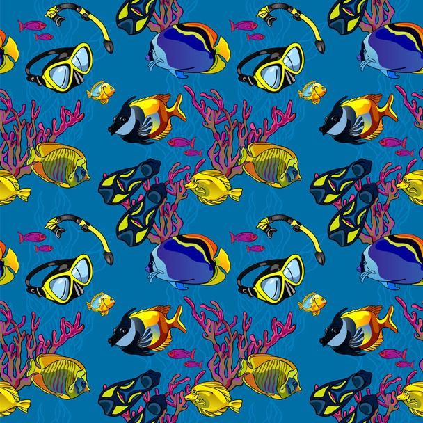 Ocean wildlife seamless pattern. Underwater diving mask and flippers, sea fishes and plants. Summer vacations mood. Colorful vector seamless pattern for fabric fashion design print, gift wrapping, wallpaper - Vektor, kép