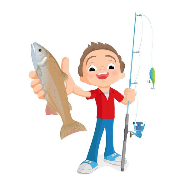 ラッドを持った少年が魚を見せる - ベクター画像
