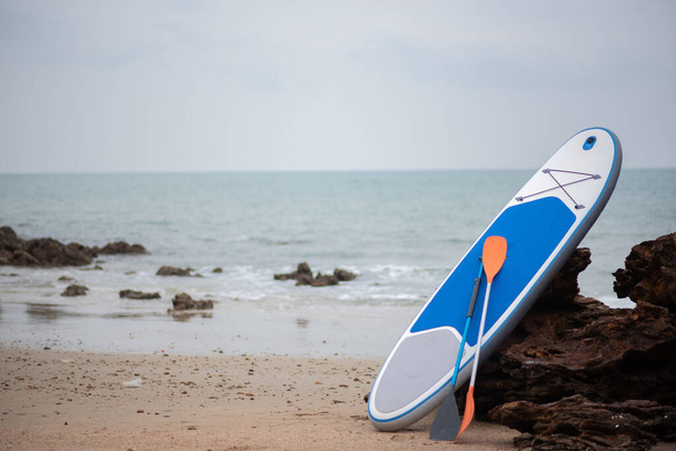 Deska surfingowa Na Skale Na Plaży Przeciwko Czystemu Niebu - Zdjęcie, obraz