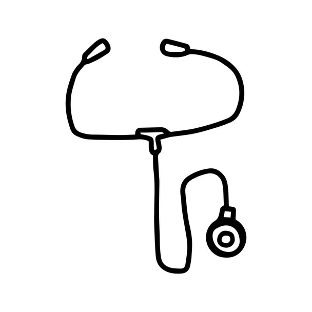 Stethoscope στο χέρι doodle στυλ απομονώνονται σε λευκό φόντο. Εικονογράφηση περιγράμματος διανύσματος. Ιατρικός εξοπλισμός. - Διάνυσμα, εικόνα