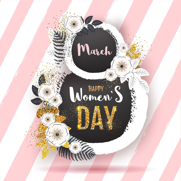 Women`s day poster with full blossom flowers and golden leaves. 8 of march. Spring flowers background - Vektör, Görsel